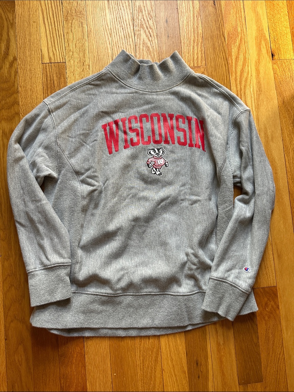 Champion Gray Turtleneck Sweatshirt with Red Wisconsin Badgers Logo